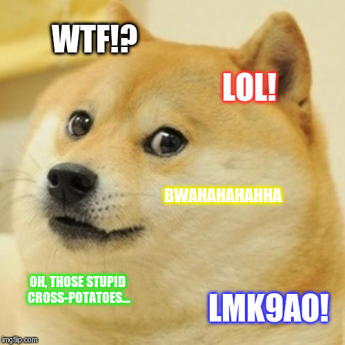 Doge Meme | WTF!? LOL! BWAHAHAHAHHA OH, THOSE STUPID CROSS-POTATOES... LMK9AO! | image tagged in memes,doge | made w/ Imgflip meme maker