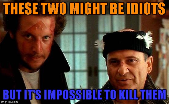 https://www.youtube.com/watch?v=cmBvgGbqmzY&t=143s Enjoy the following link :) |  THESE TWO MIGHT BE IDIOTS; BUT IT'S IMPOSSIBLE TO KILL THEM | image tagged in memes,home alone,powermetalhead,movies,idiots,immortal | made w/ Imgflip meme maker