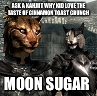 Skyrim week, a Moongazer1003 event, from Nov 30- Dec 8 | ASK A KAHJIIT WHY KID LOVE THE TASTE OF CINNAMON TOAST CRUNCH; MOON SUGAR | image tagged in skyrim,memes | made w/ Imgflip meme maker