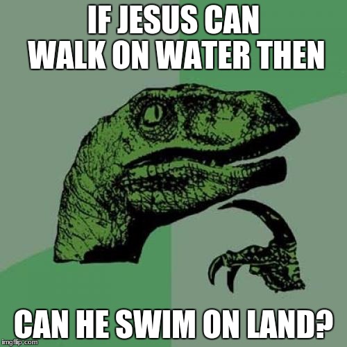 Philosoraptor | IF JESUS CAN WALK ON WATER THEN; CAN HE SWIM ON LAND? | image tagged in memes,philosoraptor | made w/ Imgflip meme maker