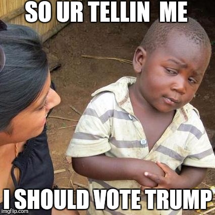 Third World Skeptical Kid Meme | SO UR TELLIN  ME; I SHOULD VOTE TRUMP | image tagged in memes,third world skeptical kid | made w/ Imgflip meme maker