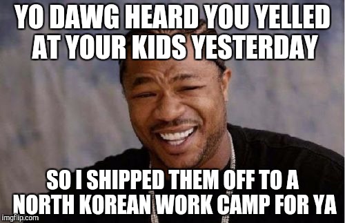 Yo Dawg Heard You | YO DAWG HEARD YOU YELLED AT YOUR KIDS YESTERDAY; SO I SHIPPED THEM OFF TO A NORTH KOREAN WORK CAMP FOR YA | image tagged in memes,yo dawg heard you | made w/ Imgflip meme maker