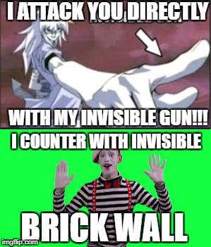 Bakura's only weakness. | I ATTACK YOU DIRECTLY; WITH MY INVISIBLE GUN!!! I COUNTER WITH INVISIBLE; BRICK WALL | image tagged in weakness,yugioh,counter,invisible gun,invisible | made w/ Imgflip meme maker