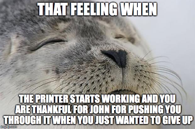 Satisfied Seal | THAT FEELING WHEN; THE PRINTER STARTS WORKING AND YOU ARE THANKFUL FOR JOHN FOR PUSHING YOU THROUGH IT WHEN YOU JUST WANTED TO GIVE UP | image tagged in memes,satisfied seal | made w/ Imgflip meme maker