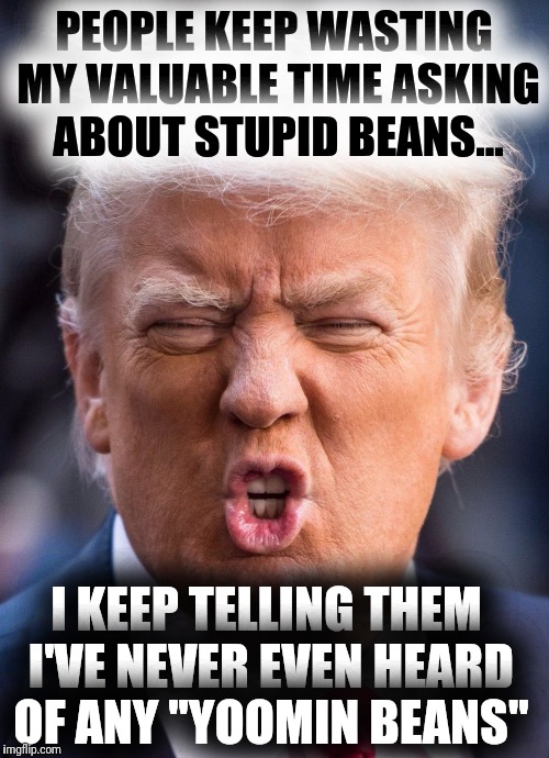Yoomin Bean Pie | PEOPLE KEEP WASTING MY VALUABLE TIME ASKING ABOUT STUPID BEANS... I KEEP TELLING THEM I'VE NEVER EVEN HEARD OF ANY "YOOMIN BEANS" | image tagged in yuge,human,trump | made w/ Imgflip meme maker