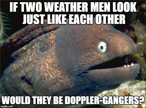 bad joke eel | IF TWO WEATHER MEN LOOK JUST LIKE EACH OTHER; WOULD THEY BE DOPPLER-GANGERS? | image tagged in bad joke eel | made w/ Imgflip meme maker