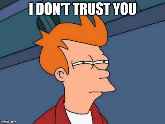 Futurama Fry Meme | I DON'T TRUST YOU | image tagged in memes,futurama fry | made w/ Imgflip meme maker
