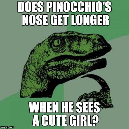 It would make a lot of sense.. | DOES PINOCCHIO'S NOSE GET LONGER; WHEN HE SEES A CUTE GIRL? | image tagged in memes,philosoraptor,pinocchio | made w/ Imgflip meme maker