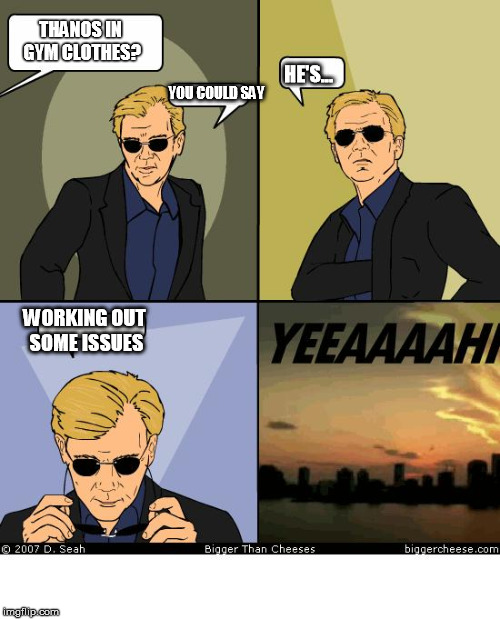 Horatio Caine | THANOS IN GYM CLOTHES? HE'S... YOU COULD SAY; WORKING OUT SOME ISSUES | image tagged in horatio caine | made w/ Imgflip meme maker