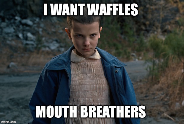 stranger things | I WANT WAFFLES; MOUTH BREATHERS | image tagged in stranger things | made w/ Imgflip meme maker
