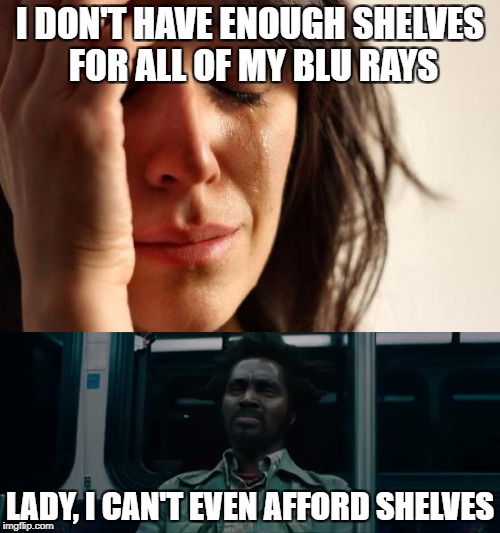 Them rich people, they got no idea! | I DON'T HAVE ENOUGH SHELVES FOR ALL OF MY BLU RAYS; LADY, I CAN'T EVEN AFFORD SHELVES | image tagged in first world problems,poor | made w/ Imgflip meme maker