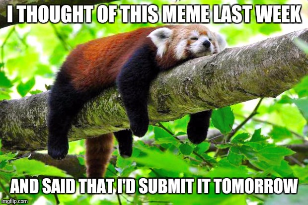 Procrastination | I THOUGHT OF THIS MEME LAST WEEK; AND SAID THAT I'D SUBMIT IT TOMORROW | image tagged in procrastination | made w/ Imgflip meme maker