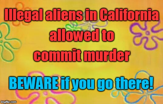 Spongebob time card background  | Illegal aliens in California; allowed to; commit murder; BEWARE if you go there! | image tagged in spongebob time card background | made w/ Imgflip meme maker