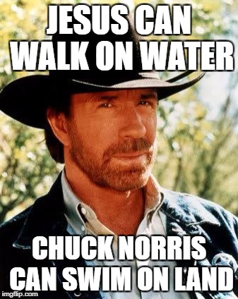 Chuck Norris Meme | JESUS CAN WALK ON WATER; CHUCK NORRIS CAN SWIM ON LAND | image tagged in memes,chuck norris | made w/ Imgflip meme maker