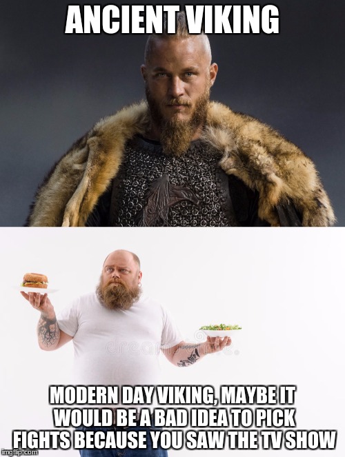 modern viking | ANCIENT VIKING; MODERN DAY VIKING, MAYBE IT WOULD BE A BAD IDEA TO PICK FIGHTS BECAUSE YOU SAW THE TV SHOW | image tagged in viking | made w/ Imgflip meme maker