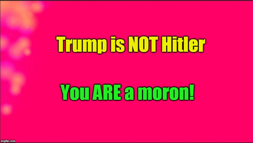 Trump not Hitler; You're a moron | Trump is NOT Hitler; You ARE a moron! | image tagged in pink background,hitler,trump,moron | made w/ Imgflip meme maker