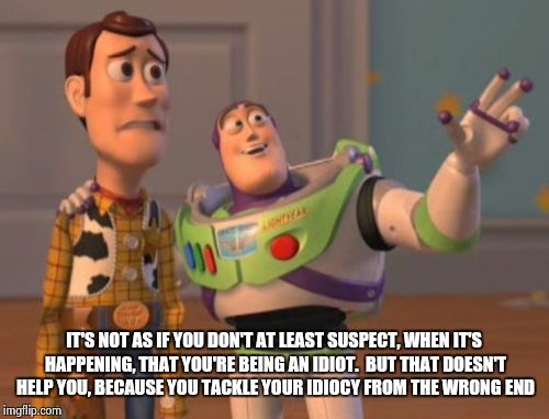 X, X Everywhere | IT'S NOT AS IF YOU DON'T AT LEAST SUSPECT, WHEN IT'S HAPPENING, THAT YOU'RE BEING AN IDIOT.  BUT THAT DOESN'T HELP YOU, BECAUSE YOU TACKLE YOUR IDIOCY FROM THE WRONG END | image tagged in memes,x x everywhere | made w/ Imgflip meme maker