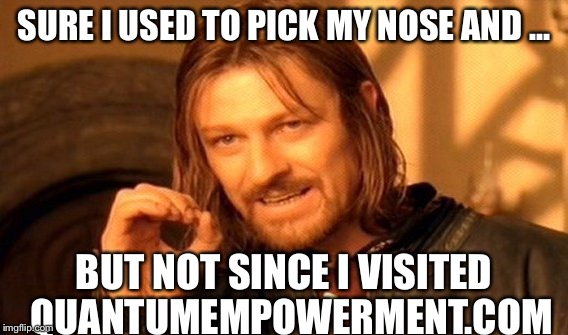 One Does Not Simply Meme | SURE I USED TO PICK MY NOSE AND ... BUT NOT SINCE I VISITED 
QUANTUMEMPOWERMENT.COM | image tagged in memes,one does not simply | made w/ Imgflip meme maker
