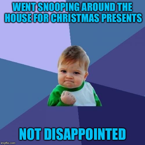 Success Kid | WENT SNOOPING AROUND THE HOUSE FOR CHRISTMAS PRESENTS; NOT DISAPPOINTED | image tagged in memes,success kid,americanpenguin | made w/ Imgflip meme maker