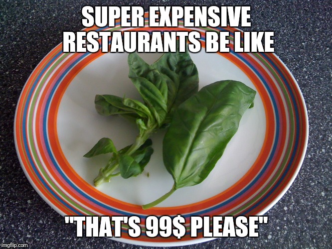 Food week, a TruMooCereal event | SUPER EXPENSIVE RESTAURANTS BE LIKE; "THAT'S 99$ PLEASE" | image tagged in food week,be like,leaves | made w/ Imgflip meme maker