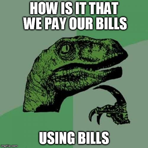 Philosoraptor | HOW IS IT THAT WE PAY OUR BILLS; USING BILLS | image tagged in memes,philosoraptor | made w/ Imgflip meme maker