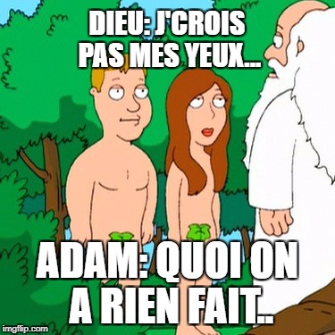 Adam and Eve | DIEU: J'CROIS PAS MES YEUX... ADAM: QUOI ON A RIEN FAIT.. | image tagged in adam and eve | made w/ Imgflip meme maker