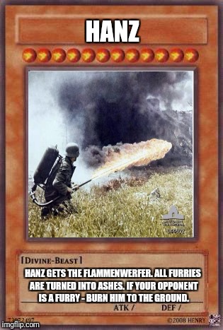 HANZ; HANZ GETS THE FLAMMENWERFER. ALL FURRIES ARE TURNED INTO ASHES. IF YOUR OPPONENT IS A FURRY - BURN HIM TO THE GROUND. | image tagged in hanz | made w/ Imgflip meme maker