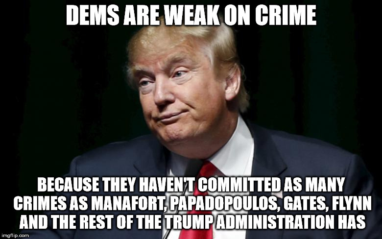 Donald Trump Loser | DEMS ARE WEAK ON CRIME; BECAUSE THEY HAVEN'T COMMITTED AS MANY CRIMES AS MANAFORT, PAPADOPOULOS, GATES, FLYNN AND THE REST OF THE TRUMP ADMINISTRATION HAS | image tagged in donald trump loser | made w/ Imgflip meme maker