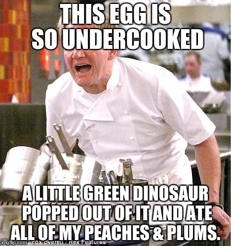 Chef Gordon Ramsay | THIS EGG IS SO UNDERCOOKED; A LITTLE GREEN DINOSAUR POPPED OUT OF IT AND ATE ALL OF MY PEACHES & PLUMS. | image tagged in memes,chef gordon ramsay | made w/ Imgflip meme maker