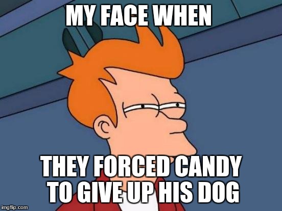 Futurama Fry Meme | MY FACE WHEN; THEY FORCED CANDY TO GIVE UP HIS DOG | image tagged in memes,futurama fry | made w/ Imgflip meme maker