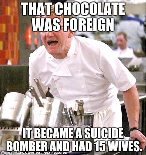 Chef Gordon Ramsay | THAT CHOCOLATE WAS FOREIGN; IT BECAME A SUICIDE BOMBER AND HAD 15 WIVES. | image tagged in memes,chef gordon ramsay | made w/ Imgflip meme maker