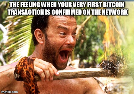 Castaway Fire | THE FEELING WHEN YOUR VERY FIRST BITCOIN TRANSACTION IS CONFIRMED ON THE NETWORK | image tagged in memes,castaway fire | made w/ Imgflip meme maker