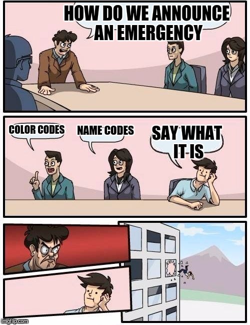 Emergency codes?  No time for that | HOW DO WE ANNOUNCE AN EMERGENCY; COLOR CODES; NAME CODES; SAY WHAT IT IS | image tagged in memes,boardroom meeting suggestion | made w/ Imgflip meme maker