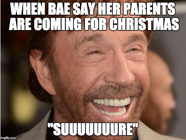 Chuck Norris | WHEN BAE SAY HER PARENTS ARE COMING FOR CHRISTMAS; "SUUUUUUURE" | image tagged in chuck norris | made w/ Imgflip meme maker