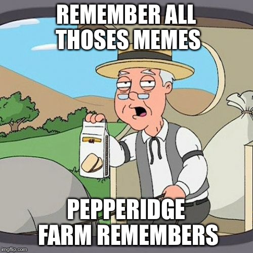 Pepperidge Farm Remembers Meme | REMEMBER ALL THOSES MEMES; PEPPERIDGE FARM REMEMBERS | image tagged in memes,pepperidge farm remembers | made w/ Imgflip meme maker