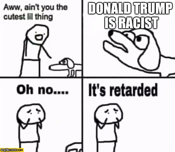Oh no it's retarded! | DONALD TRUMP IS RACIST | image tagged in oh no it's retarded | made w/ Imgflip meme maker