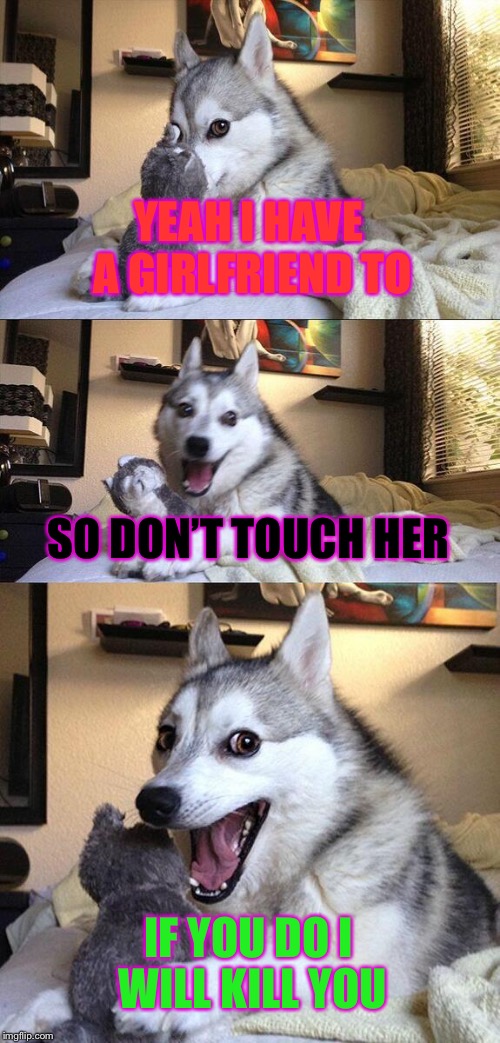 Bad Pun Dog Meme | YEAH I HAVE A GIRLFRIEND TO; SO DON’T TOUCH HER; IF YOU DO I WILL KILL YOU | image tagged in memes,bad pun dog | made w/ Imgflip meme maker
