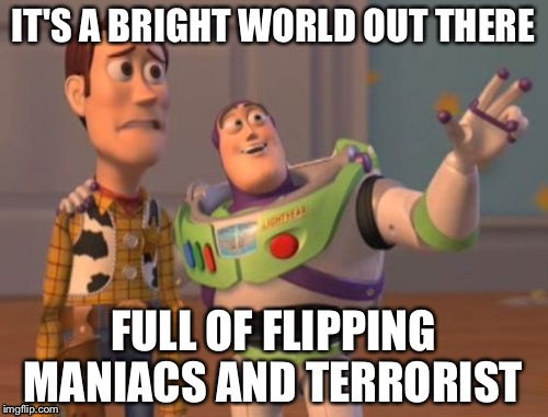 X, X Everywhere | IT'S A BRIGHT WORLD OUT THERE; FULL OF FLIPPING MANIACS AND TERRORIST | image tagged in memes,x x everywhere | made w/ Imgflip meme maker