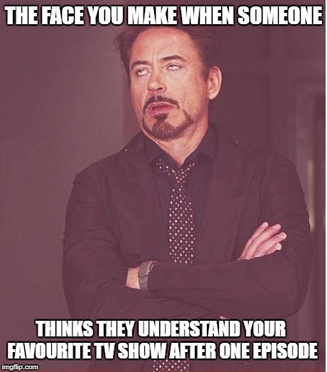Face You Make Robert Downey Jr |  THE FACE YOU MAKE WHEN SOMEONE; THINKS THEY UNDERSTAND YOUR FAVOURITE TV SHOW AFTER ONE EPISODE | image tagged in memes,face you make robert downey jr | made w/ Imgflip meme maker