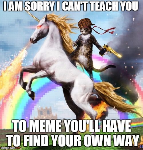 Welcome To The Internets Meme | I AM SORRY I CAN'T TEACH YOU; TO MEME YOU'LL HAVE TO FIND YOUR OWN WAY | image tagged in memes,welcome to the internets,scumbag | made w/ Imgflip meme maker