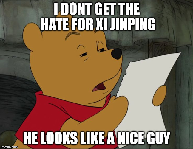 Winnie The Pooh | I DONT GET THE HATE FOR XI JINPING; HE LOOKS LIKE A NICE GUY | image tagged in winnie the pooh | made w/ Imgflip meme maker
