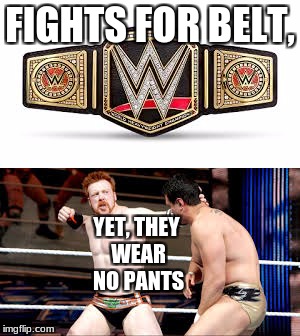 FIGHTS FOR BELT, YET, THEY WEAR NO PANTS | image tagged in funny,pants,wwe | made w/ Imgflip meme maker