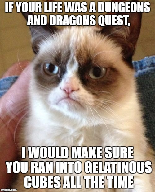 Grumpy Cat | IF YOUR LIFE WAS A DUNGEONS AND DRAGONS QUEST, I WOULD MAKE SURE YOU RAN INTO GELATINOUS CUBES ALL THE TIME | image tagged in memes,grumpy cat | made w/ Imgflip meme maker