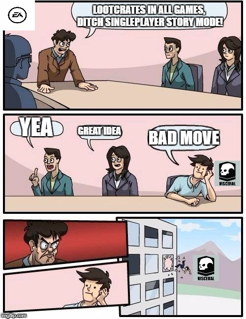 Boardroom Meeting Suggestion Meme | LOOTCRATES IN ALL GAMES, DITCH SINGLEPLAYER STORY MODE! YEA; GREAT IDEA; BAD MOVE | image tagged in memes,boardroom meeting suggestion | made w/ Imgflip meme maker