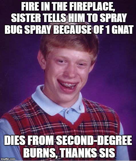 Bad Luck Brian Meme | FIRE IN THE FIREPLACE, SISTER TELLS HIM TO SPRAY BUG SPRAY BECAUSE OF 1 GNAT; DIES FROM SECOND-DEGREE BURNS, THANKS SIS | image tagged in memes,bad luck brian | made w/ Imgflip meme maker