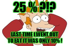 25 % ?!? LAST TIME I WENT OUT TO EAT IT WAS ONLY 10% ! | made w/ Imgflip meme maker