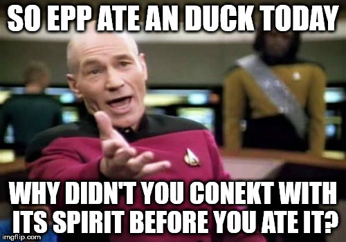 Picard Wtf Meme | SO EPP ATE AN DUCK TODAY; WHY DIDN'T YOU CONEKT WITH ITS SPIRIT BEFORE YOU ATE IT? | image tagged in memes,picard wtf | made w/ Imgflip meme maker