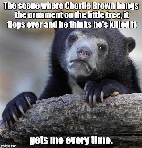 Confession Bear Meme | The scene where Charlie Brown hangs the ornament on the little tree, it flops over and he thinks he's killed it gets me every time. | image tagged in memes,confession bear | made w/ Imgflip meme maker