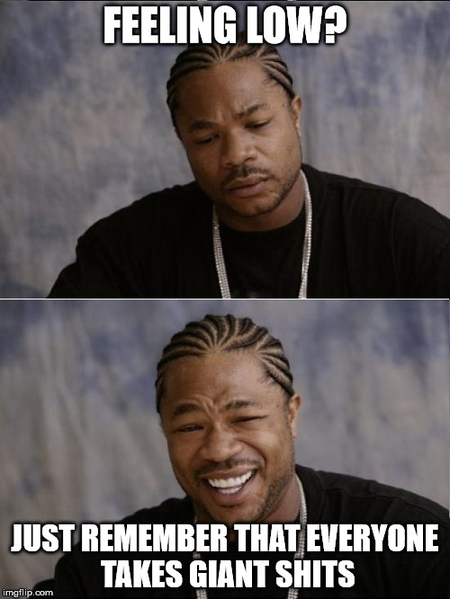 xzibit sad then happy | FEELING LOW? JUST REMEMBER THAT EVERYONE TAKES GIANT SHITS | image tagged in xzibit sad then happy | made w/ Imgflip meme maker