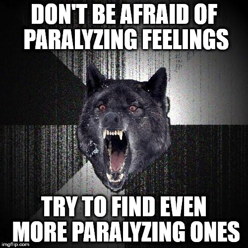 Insanity Wolf Meme | DON'T BE AFRAID OF PARALYZING FEELINGS; TRY TO FIND EVEN MORE PARALYZING ONES | image tagged in memes,insanity wolf | made w/ Imgflip meme maker
